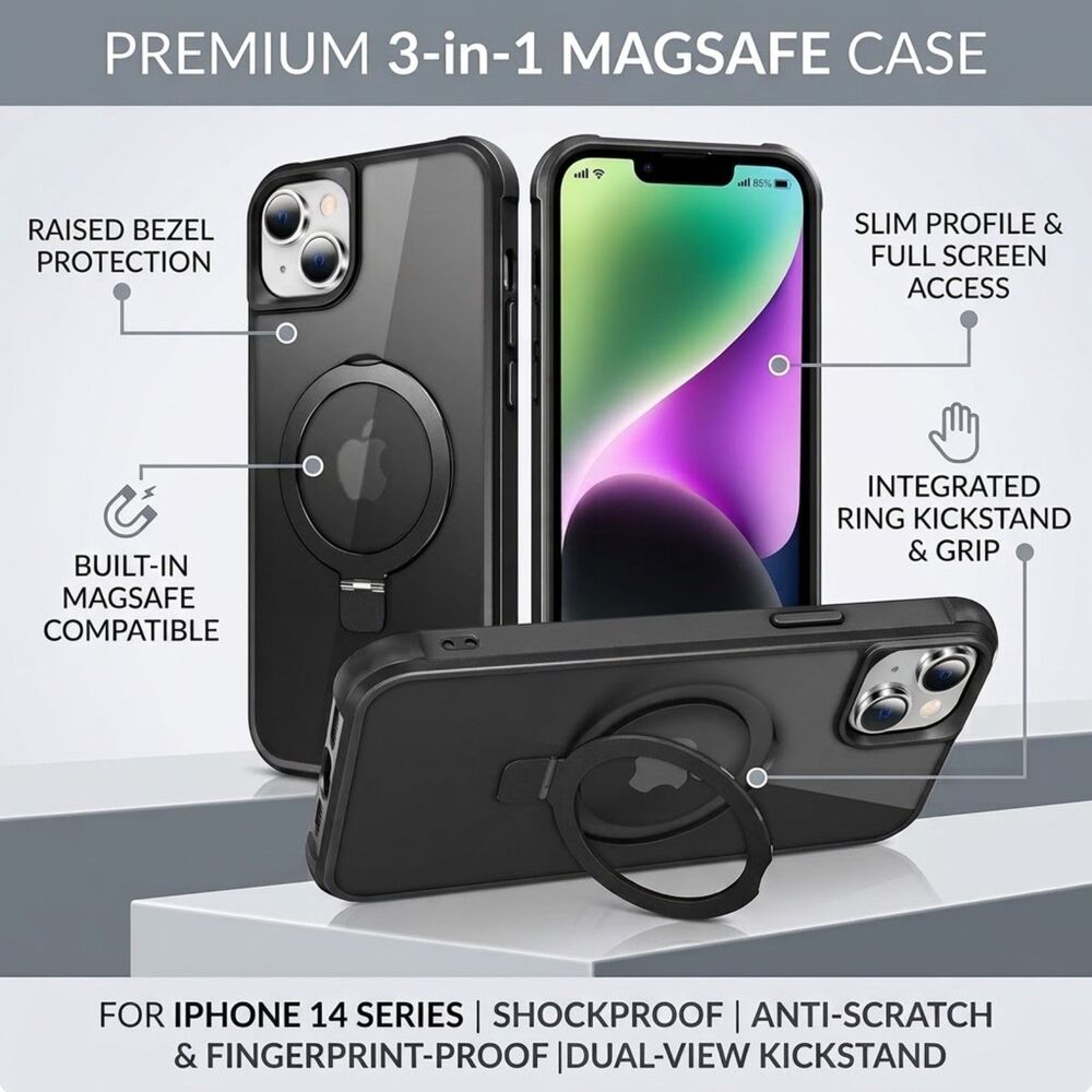 NWT iPhone 14 Plus MagSafe Case Black Shockproof w/ Ring Kickstand